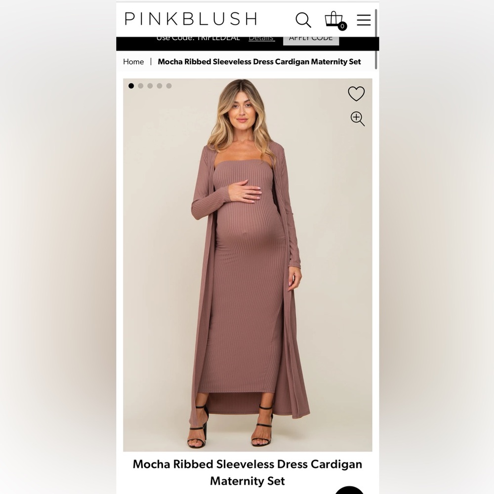 Mocha Ribbed Sleeveless Dress Cardigan Maternity Set - Pink Blush - Size L